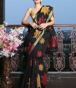 Black woven blended cotton saree with blouse