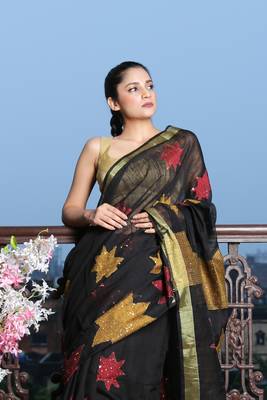 Black woven blended cotton saree with blouse 2