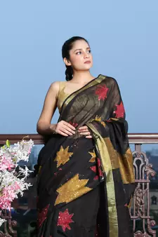 Black woven blended cotton saree with blouse