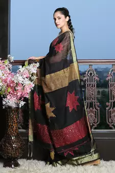 Black woven blended cotton saree with blouse