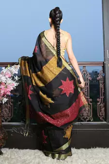 Black woven blended cotton saree with blouse