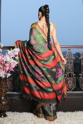 Black woven khadi saree with blouse 4
