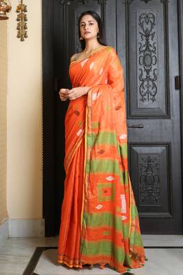 Orange woven khadi saree with blouse 1