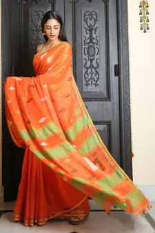 Orange woven khadi saree with blouse