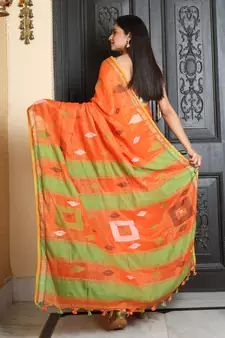 Orange woven khadi saree with blouse