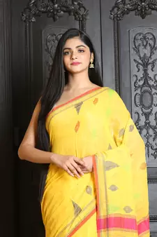 Yellow woven khadi saree with blouse