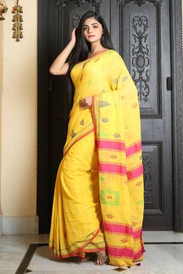 Yellow woven khadi saree with blouse 3
