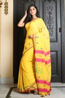 Yellow woven khadi saree with blouse