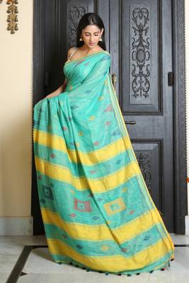 Sea green woven khadi saree with blouse 3