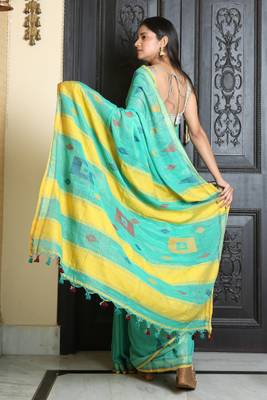 Sea green woven khadi saree with blouse 4