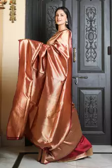 Maroon woven silk blend saree with blouse