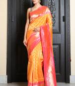 Yellow woven silk blend saree with blouse