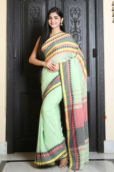 Light green woven cotton saree with blouse