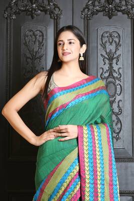 Green woven cotton saree with blouse 2