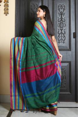 Green woven cotton saree with blouse 3