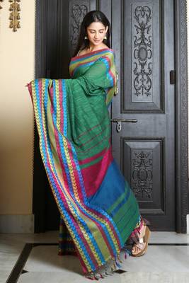 Green woven cotton saree with blouse 4