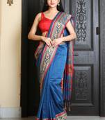 Blue woven blended cotton saree with blouse