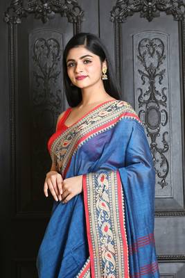 Blue woven blended cotton saree with blouse 2