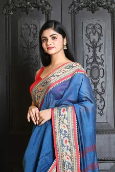 Blue woven blended cotton saree with blouse