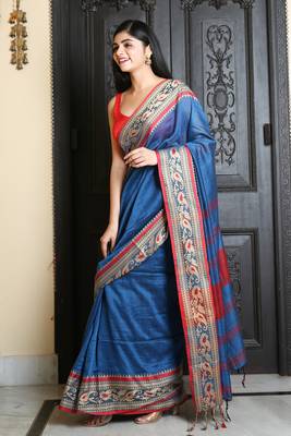 Blue woven blended cotton saree with blouse 3