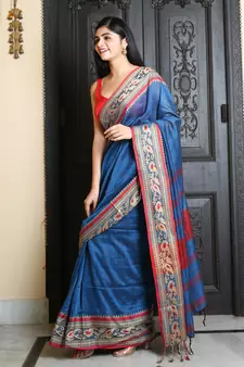 Blue woven blended cotton saree with blouse