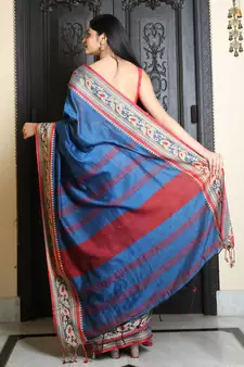 Blue woven blended cotton saree with blouse