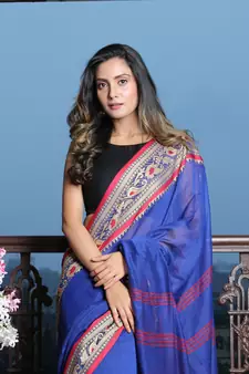 Royal blue woven blended cotton saree with blouse