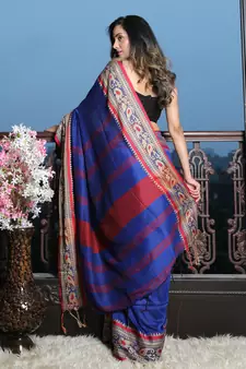 Royal blue woven blended cotton saree with blouse