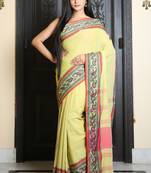 Light mustard woven blended cotton saree with blouse