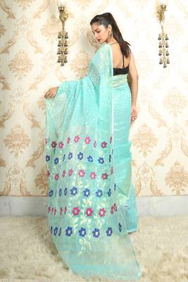 Sea Green Jamdani Saree With All Over Golden Butta Without Blouse 4