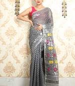 Dark Grey jamdani saree with all over silver butta