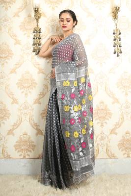 Dark Grey jamdani saree with all over silver butta 3