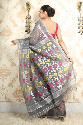 Dark Grey jamdani saree with all over silver butta 4