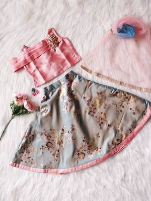 Onion-Pink/Teal - IMP Foil Print Circular Pattern Lehenga with Flap-Style Choli & Net Dupatta for Girl Kids 1