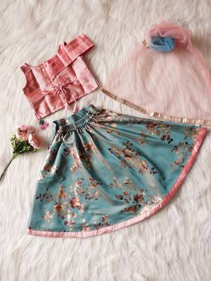 Onion-Pink/Teal - IMP Foil Print Circular Pattern Lehenga with Flap-Style Choli & Net Dupatta for Girl Kids 2