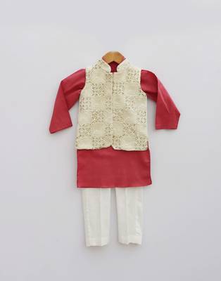 Off white Embroidery Jacket with Maroon Kurta and Churidar pant 1