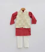 Off white Embroidery Jacket with Maroon Kurta and Churidar pant