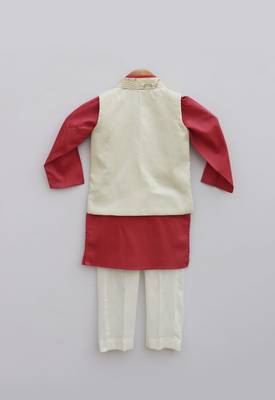 Off white Embroidery Jacket with Maroon Kurta and Churidar pant 2