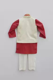 Off white Embroidery Jacket with Maroon Kurta and Churidar pant