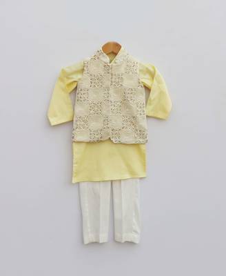 Off white Embroidery Jacket with Yellow Kurta and Churidar pant 1