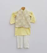 Off white Embroidery Jacket with Yellow Kurta and Churidar pant
