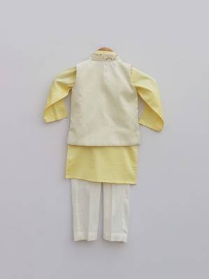 Off white Embroidery Jacket with Yellow Kurta and Churidar pant 2