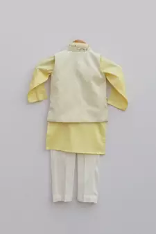 Off white Embroidery Jacket with Yellow Kurta and Churidar pant