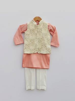 Off white Embroidery Jacket with Peach Kurta and Churidar pant 1