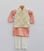 Off white Embroidery Jacket with Peach Kurta and Churidar pant