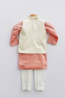 Off white Embroidery Jacket with Peach Kurta and Churidar pant 2