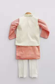 Off white Embroidery Jacket with Peach Kurta and Churidar pant