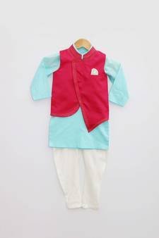 Hot Pink Embroidery Jacket with Blue Kurta and Pant