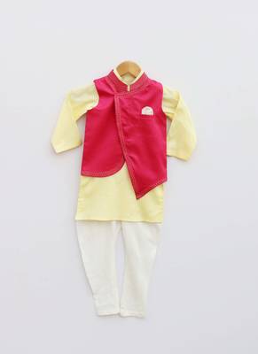 Hot Pink Embroidery Jacket with Yellow Kurta and Pant 1