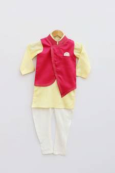 Hot Pink Embroidery Jacket with Yellow Kurta and Pant